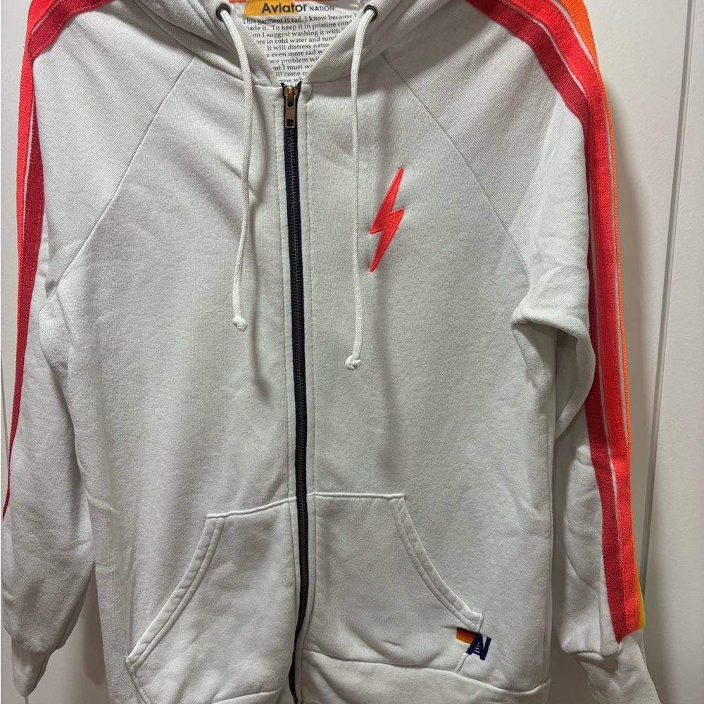 Aviator Nation Bolt Full Zip Hoodie Sweatshirt White Made USA Womens Size M Neon